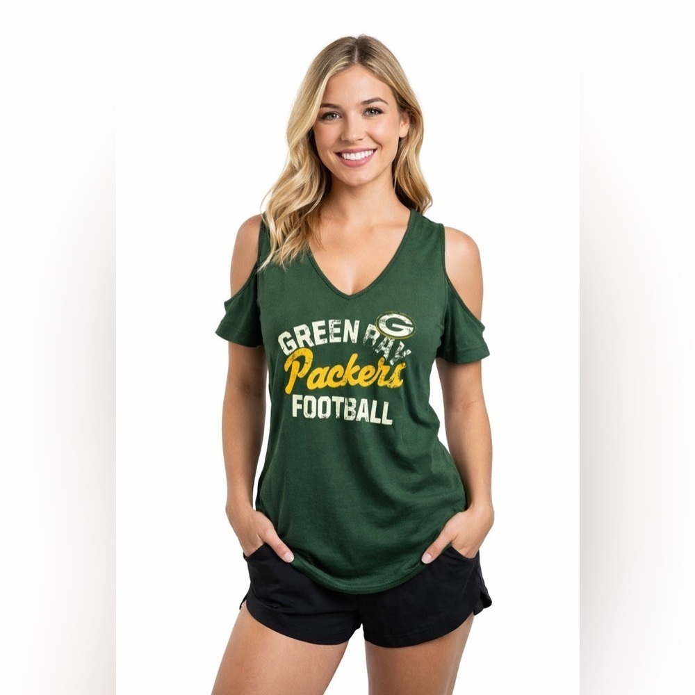 NFL team logo women’s peep shoulder Green Bay Packer T-shirt